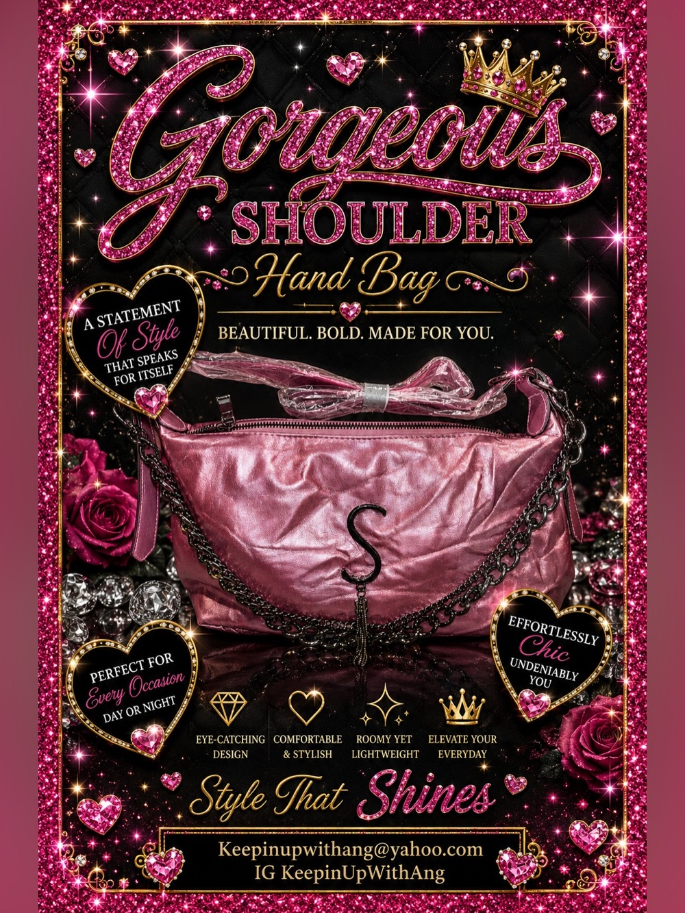 Metallic Pink Fashion Shoulder Bag with Chain Detail